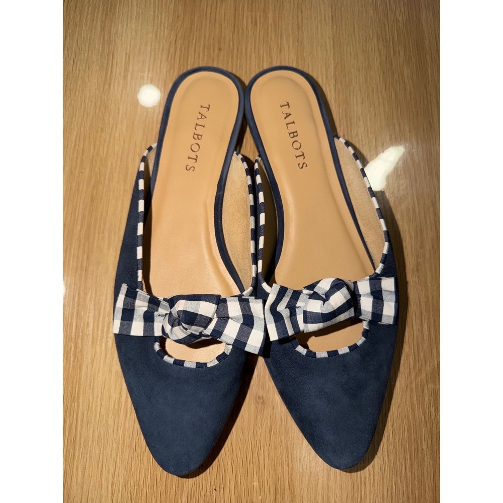 Talbots Navy Suede Gingham Bow Mules Pointed Toe Flats